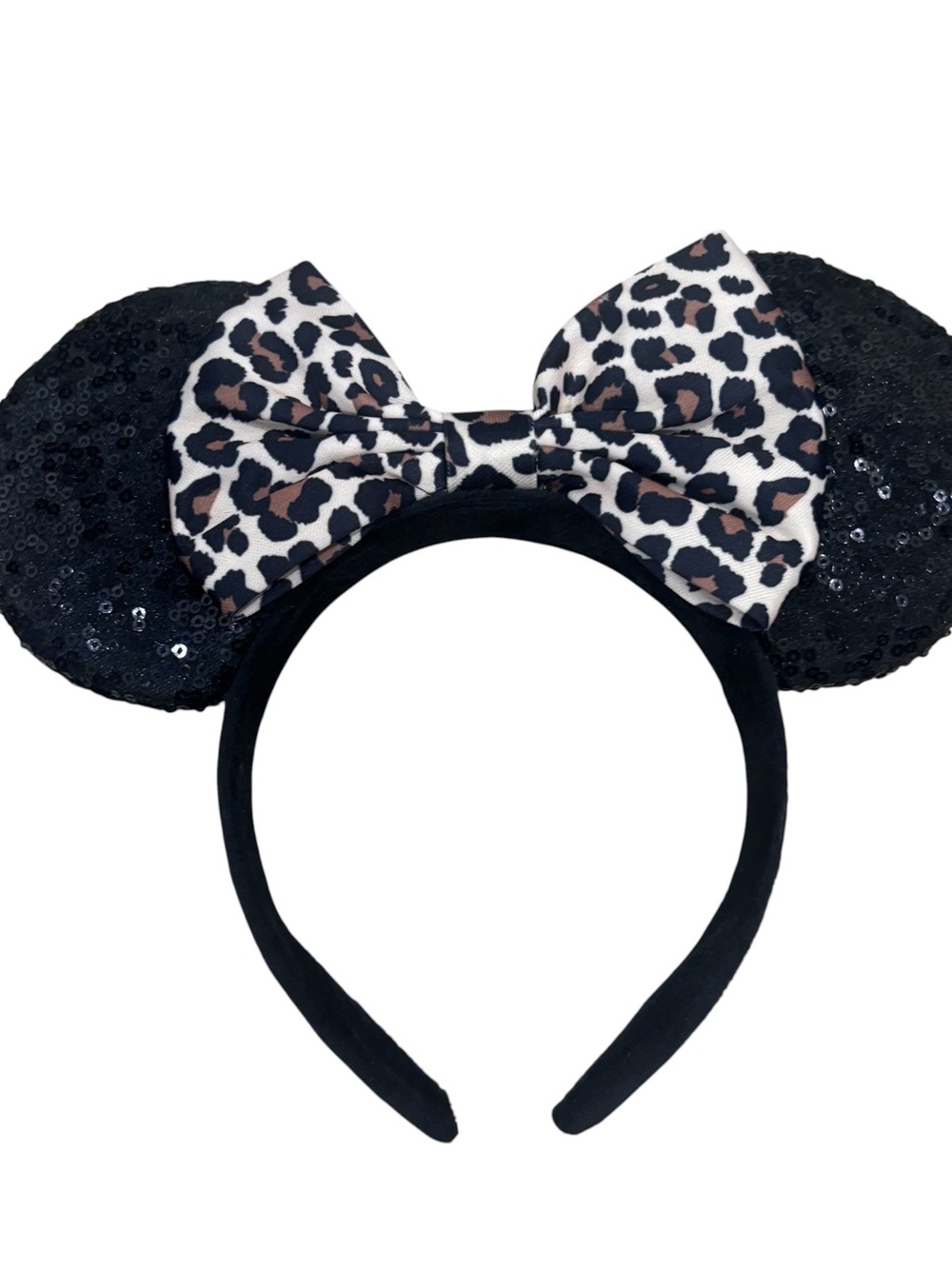 Sequin Black Mouse Ears Headband with Leopard Bow